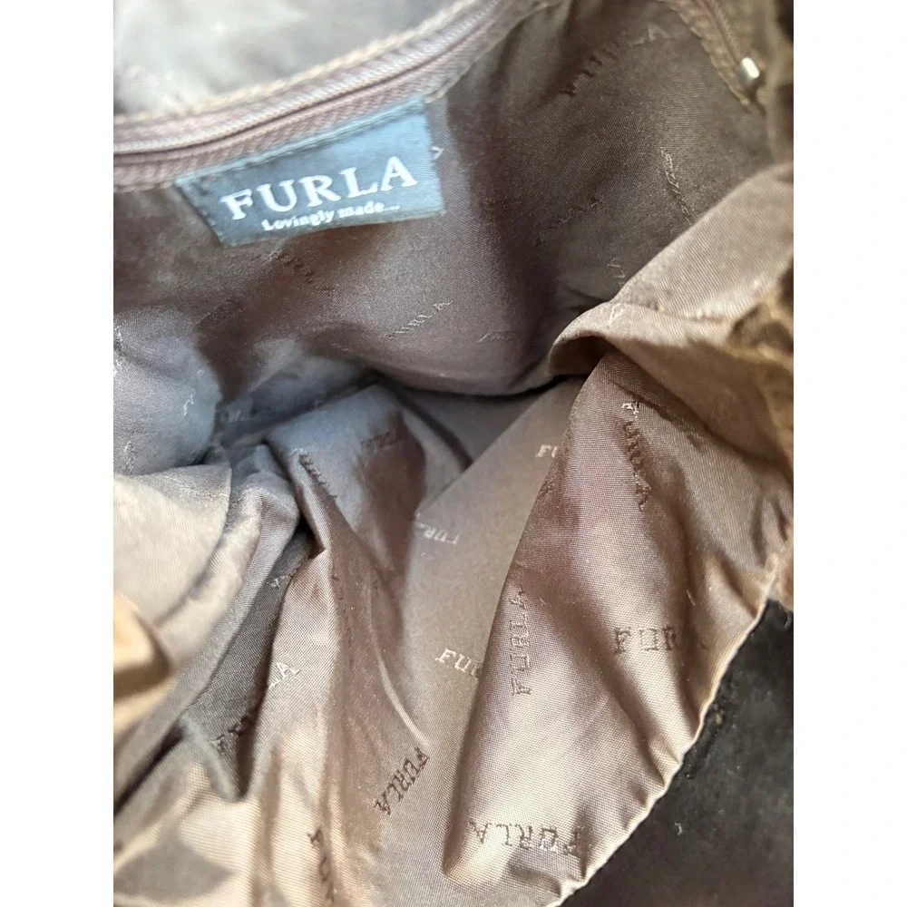 Furla Mini Tote Bag Brown Velvet Crushed Silver Hardware Italian Luxury Small